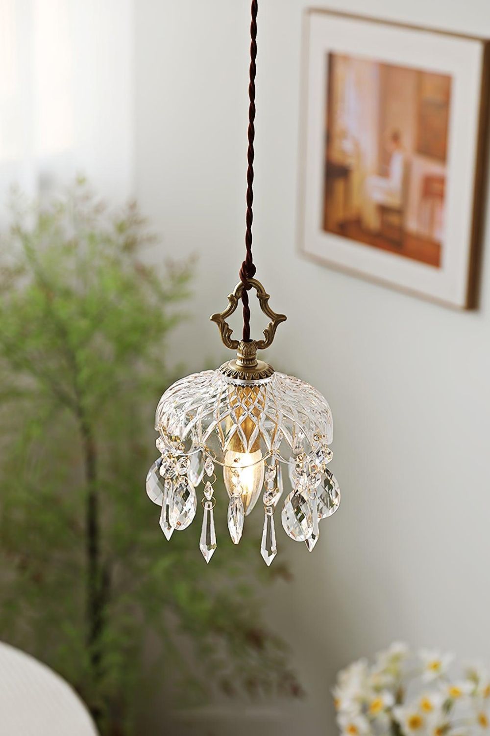 Glass Pendant Light - Crystal Chandelier Style - Copper Accents - Vintage Charm - Image 3