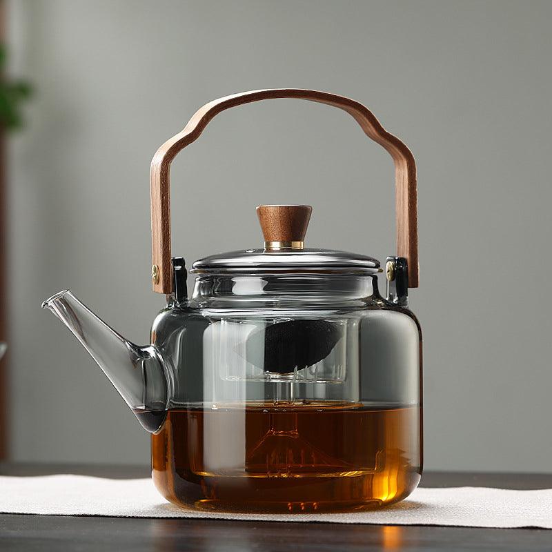 Glass Teapot with Wooden Lid and Filter – 1.2 Litres, Smoked Glass and Wood for an Elegant Tea Drinking Experience