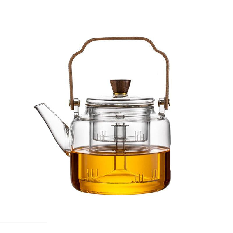 Glass Teapot with Wooden Lid and Filter – 1.2 Litres, Smoked Glass and Wood for an Elegant Tea Drinking Experience