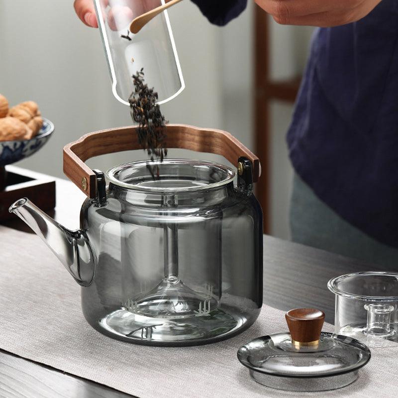 Glass Teapot with Wooden Lid and Filter – 1.2 Litres, Smoked Glass and Wood for an Elegant Tea Drinking Experience