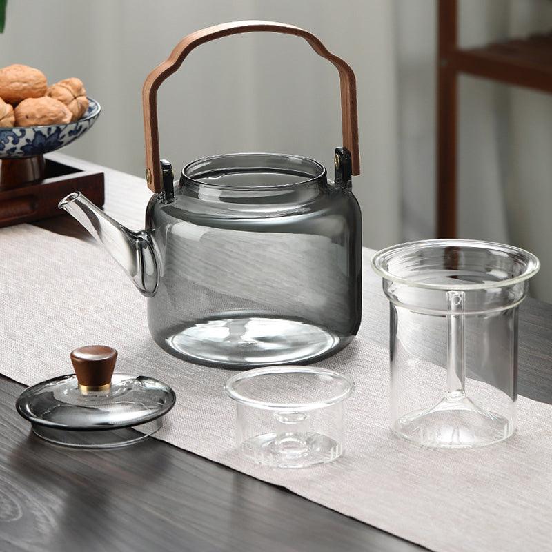 Glass Teapot with Wooden Lid and Filter – 1.2 Litres, Smoked Glass and Wood for an Elegant Tea Drinking Experience