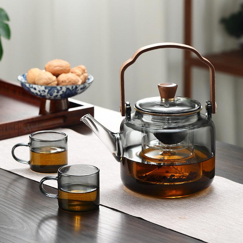 Glass Teapot with Wooden Lid and Filter – 1.2 Litres, Smoked Glass and Wood for an Elegant Tea Drinking Experience