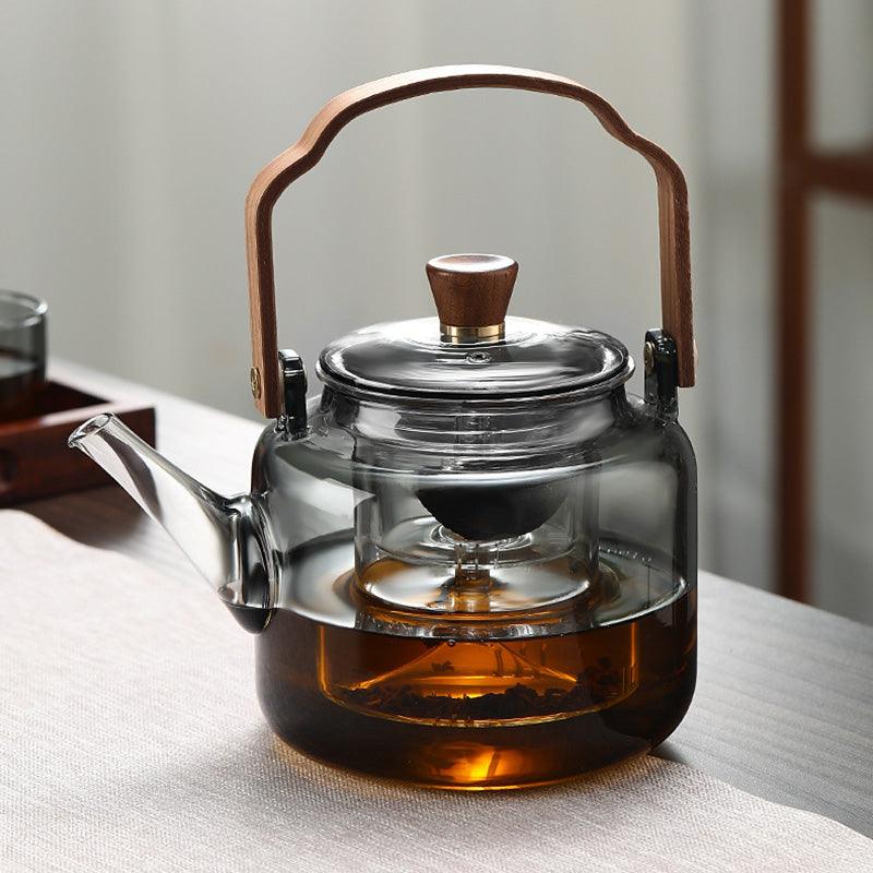 Glass Teapot with Wooden Lid and Filter – 1.2 Litres, Smoked Glass and Wood for an Elegant Tea Drinking Experience