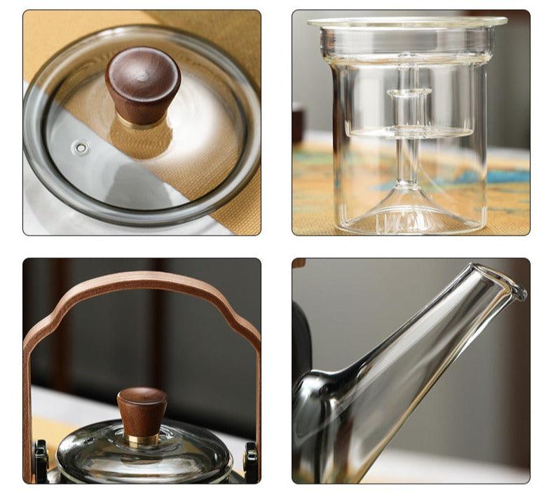 Glass Teapot with Wooden Lid and Filter – 1.2 Litres, Smoked Glass and Wood for an Elegant Tea Drinking Experience