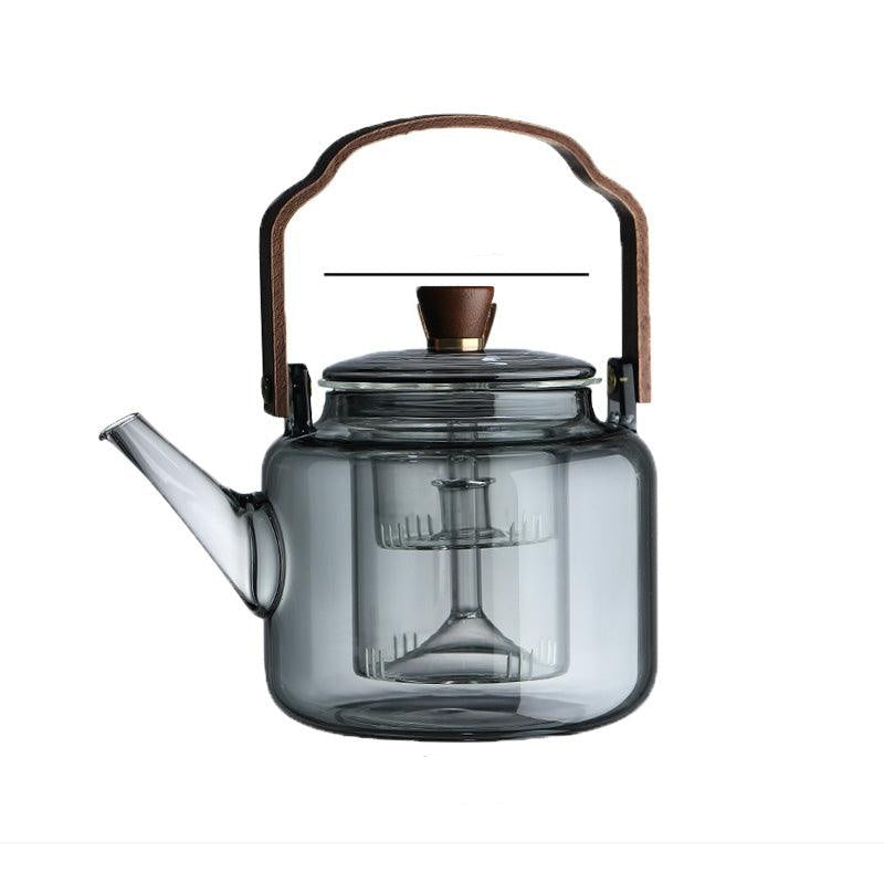 Glass Teapot with Wooden Lid and Filter – 1.2 Litres, Smoked Glass and Wood for an Elegant Tea Drinking Experience