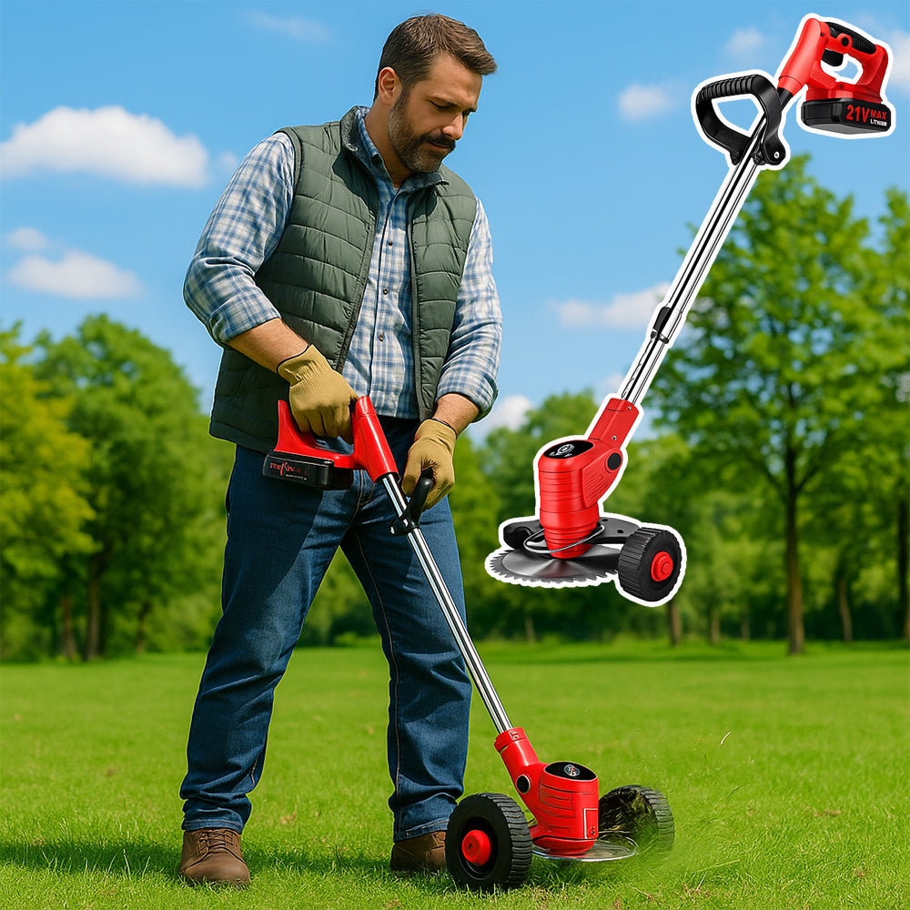 Grass Trimmer & Edger with Wheels, Telescopic Shaft & Battery