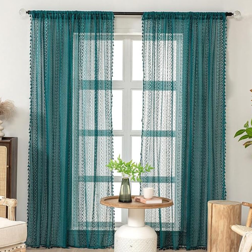 Green Crochet Lace Curtain - Tassel Accent - Light Filtering Window Treatment - Image 1