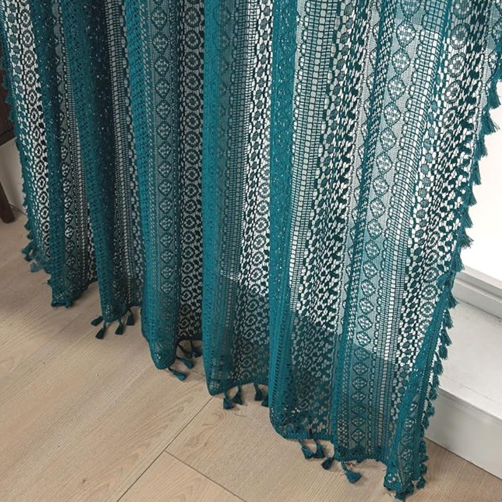 Green Crochet Lace Curtain - Tassel Accent - Light Filtering Window Treatment - Image 4