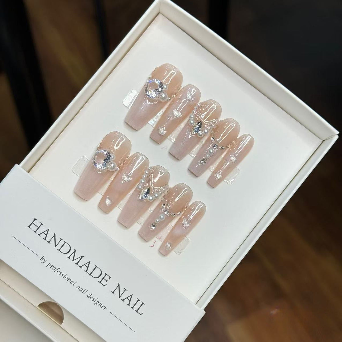 Handmade Press-On Nail Art Set with Rhinestone Accents