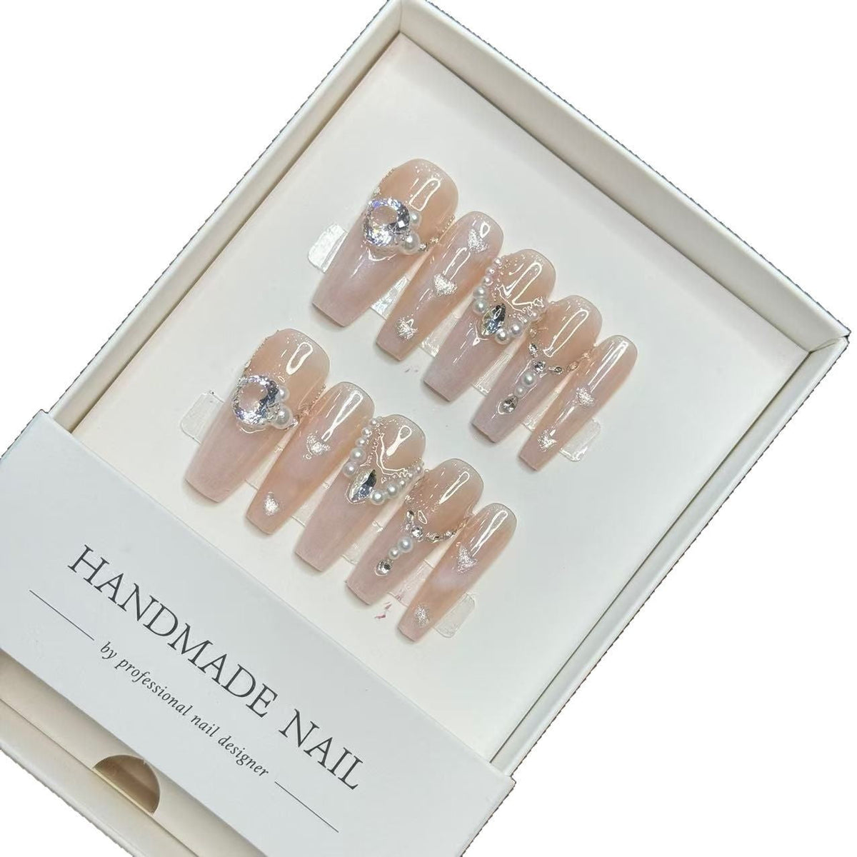 Handmade Press-On Nail Art Set with Rhinestone Accents
