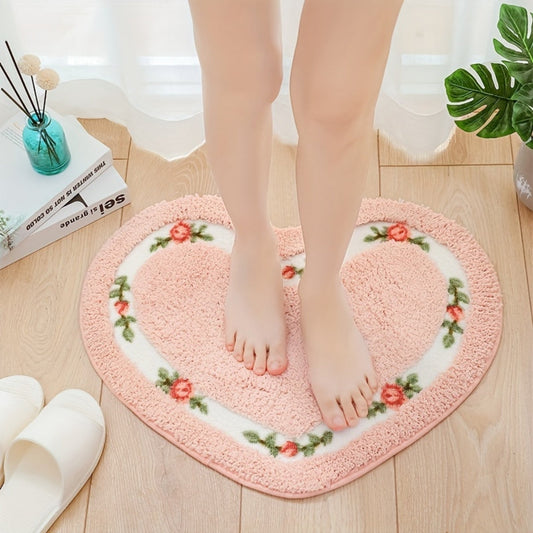 Heart-Shaped Floral Bath Mat - Tufted Microfiber Rug - Stylish Floor Covering - Image 1