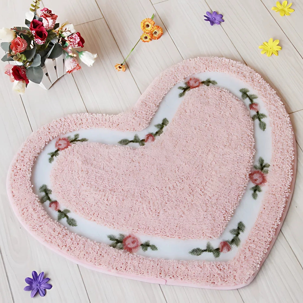 Heart-Shaped Floral Bath Mat - Tufted Microfiber Rug - Stylish Floor Covering - Image 3