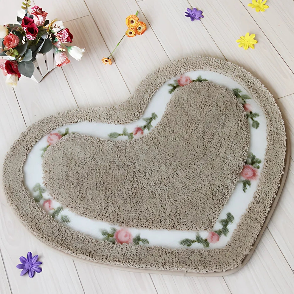 Heart-Shaped Floral Bath Mat - Tufted Microfiber Rug - Stylish Floor Covering - Image 4