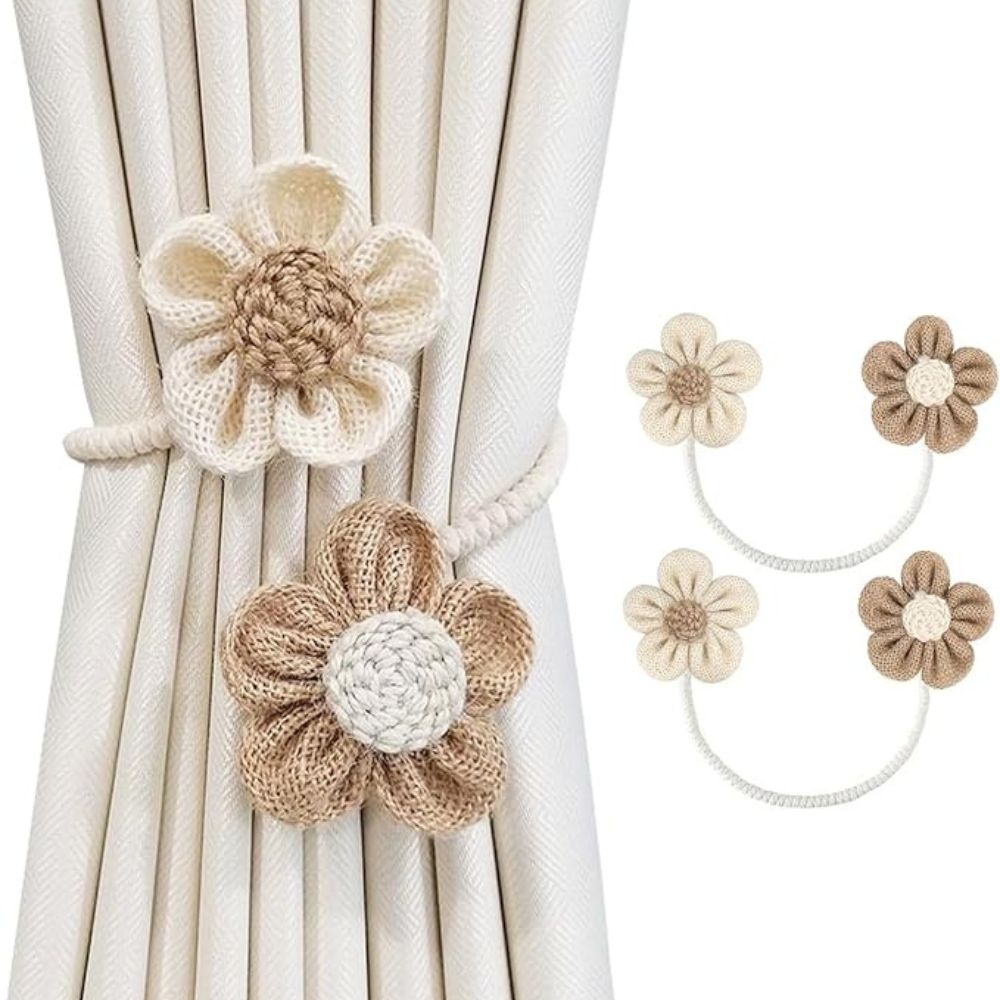 Hemp Curtain Tie Back - Floral Accent - Elegant Home Decor - 2-Piece Set - Image 1