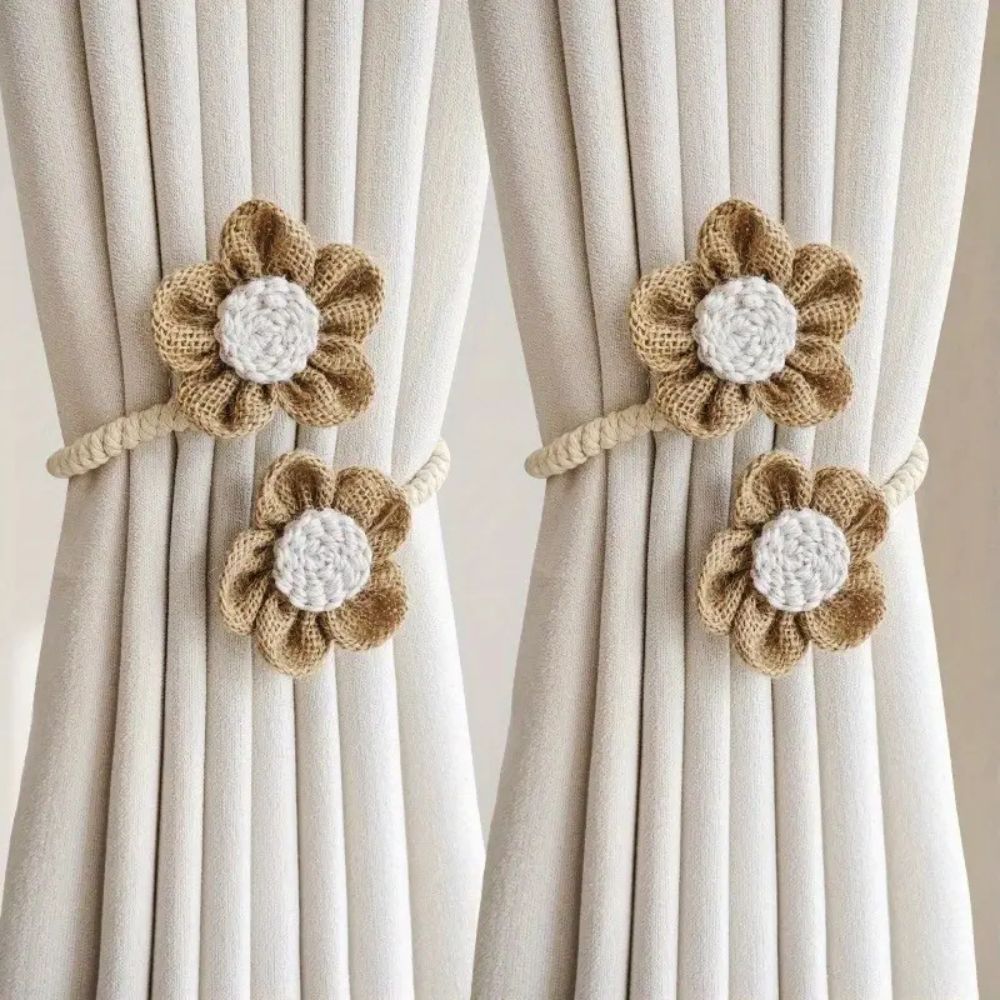 Hemp Curtain Tie Back - Floral Accent - Elegant Home Decor - 2-Piece Set - Image 2