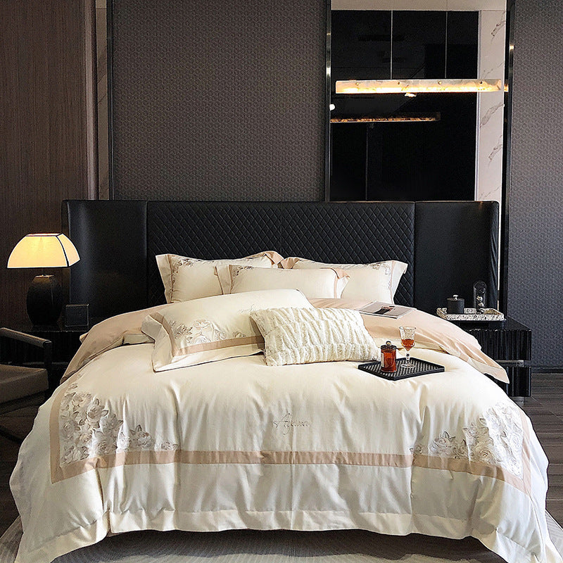 Hotel-Style Cotton Sateen Bedding Set with Rose Relief Embroidery and Border Trim