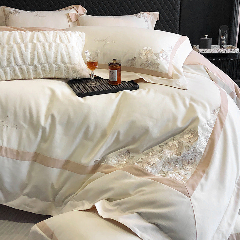 Hotel-Style Cotton Sateen Bedding Set with Rose Relief Embroidery and Border Trim