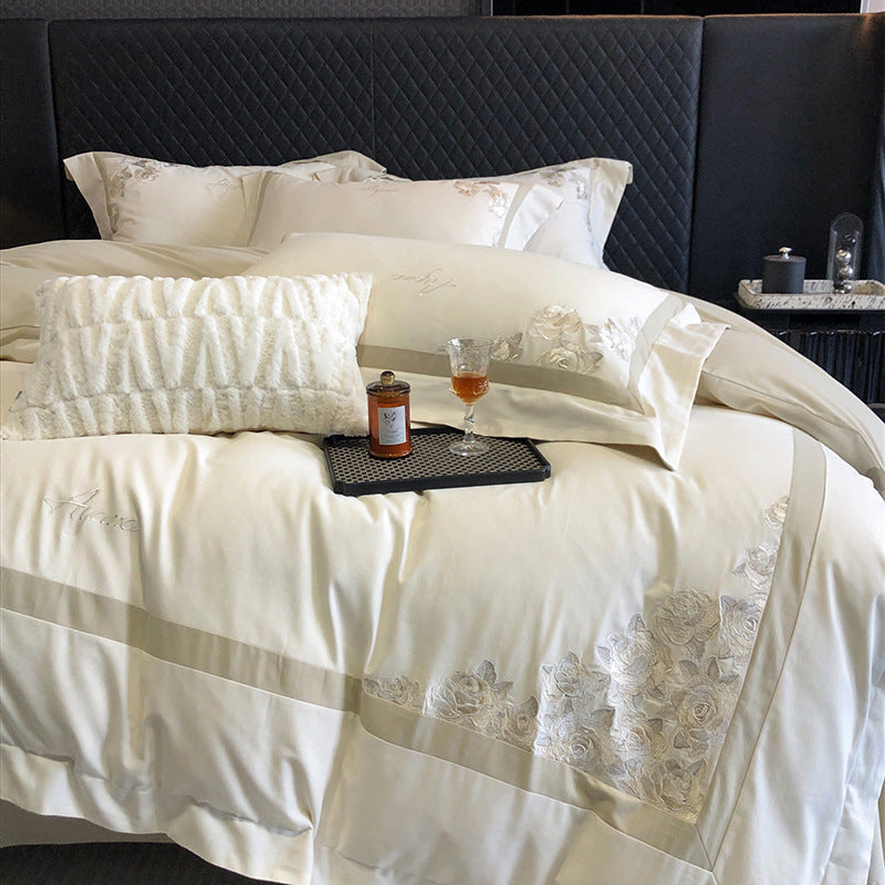 Hotel-Style Cotton Sateen Bedding Set with Rose Relief Embroidery and Border Trim