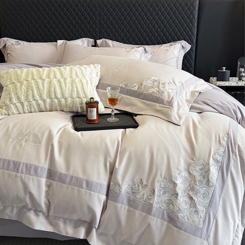 Hotel-Style Cotton Sateen Bedding Set with Rose Relief Embroidery and Border Trim