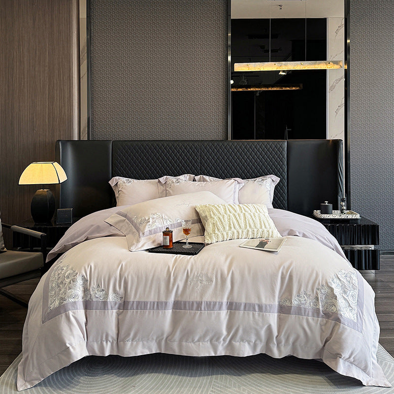 Hotel-Style Cotton Sateen Bedding Set with Rose Relief Embroidery and Border Trim