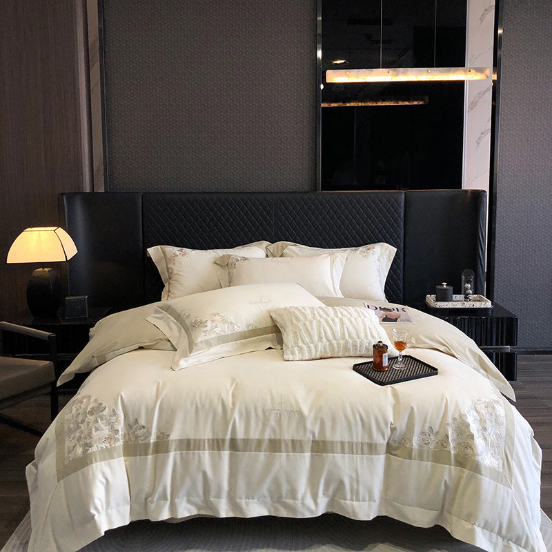 Hotel-Style Cotton Sateen Bedding Set with Rose Relief Embroidery and Border Trim