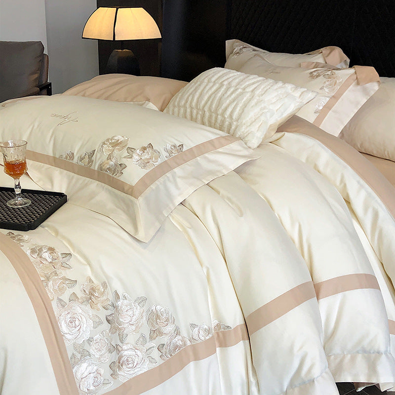 Hotel-Style Cotton Sateen Bedding Set with Rose Relief Embroidery and Border Trim