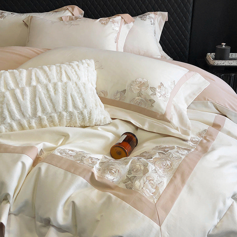 Hotel-Style Cotton Sateen Bedding Set with Rose Relief Embroidery and Border Trim