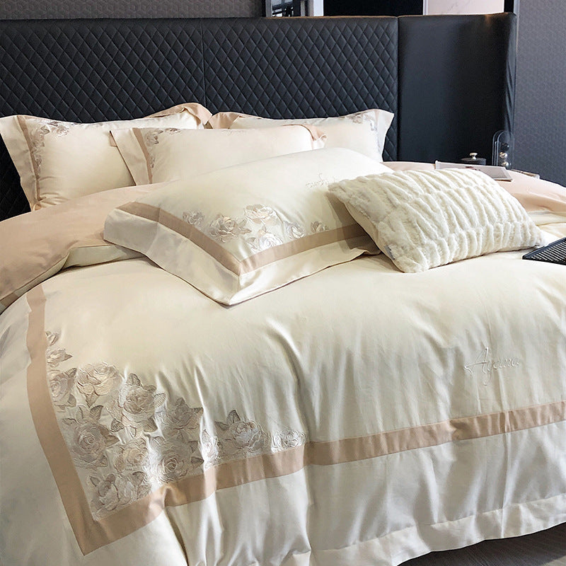 Hotel-Style Cotton Sateen Bedding Set with Rose Relief Embroidery and Border Trim