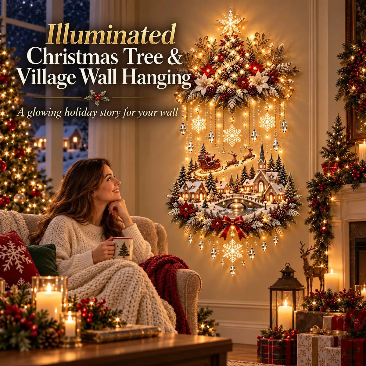 Illuminated Christmas Wall Art Tree Wall Hanging with Warm LED Lights