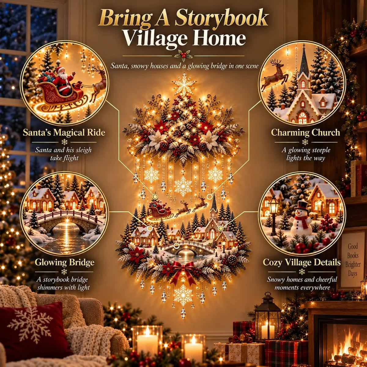 Illuminated Christmas Wall Art Tree Wall Hanging with Warm LED Lights
