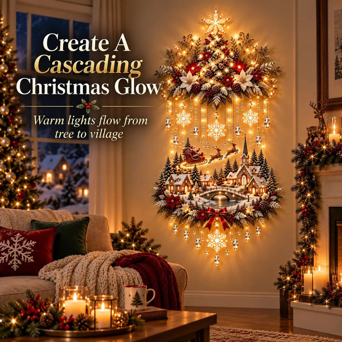 Illuminated Christmas Wall Art Tree Wall Hanging with Warm LED Lights