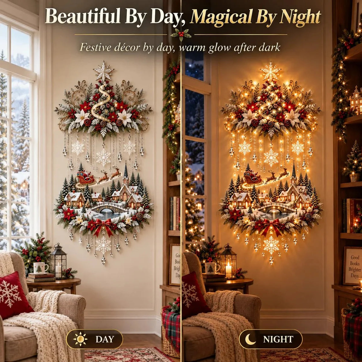 Illuminated Christmas Wall Art Tree Wall Hanging with Warm LED Lights