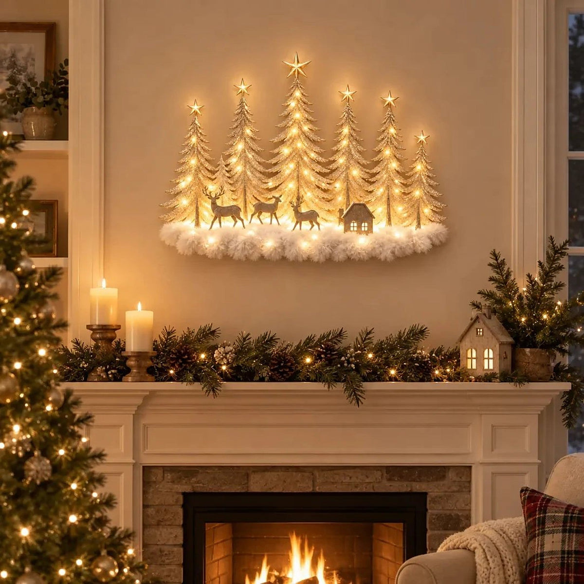 Illuminated Winter Forest Wall Decor - 3D Christmas Landscape with Deer and Warm LED Light