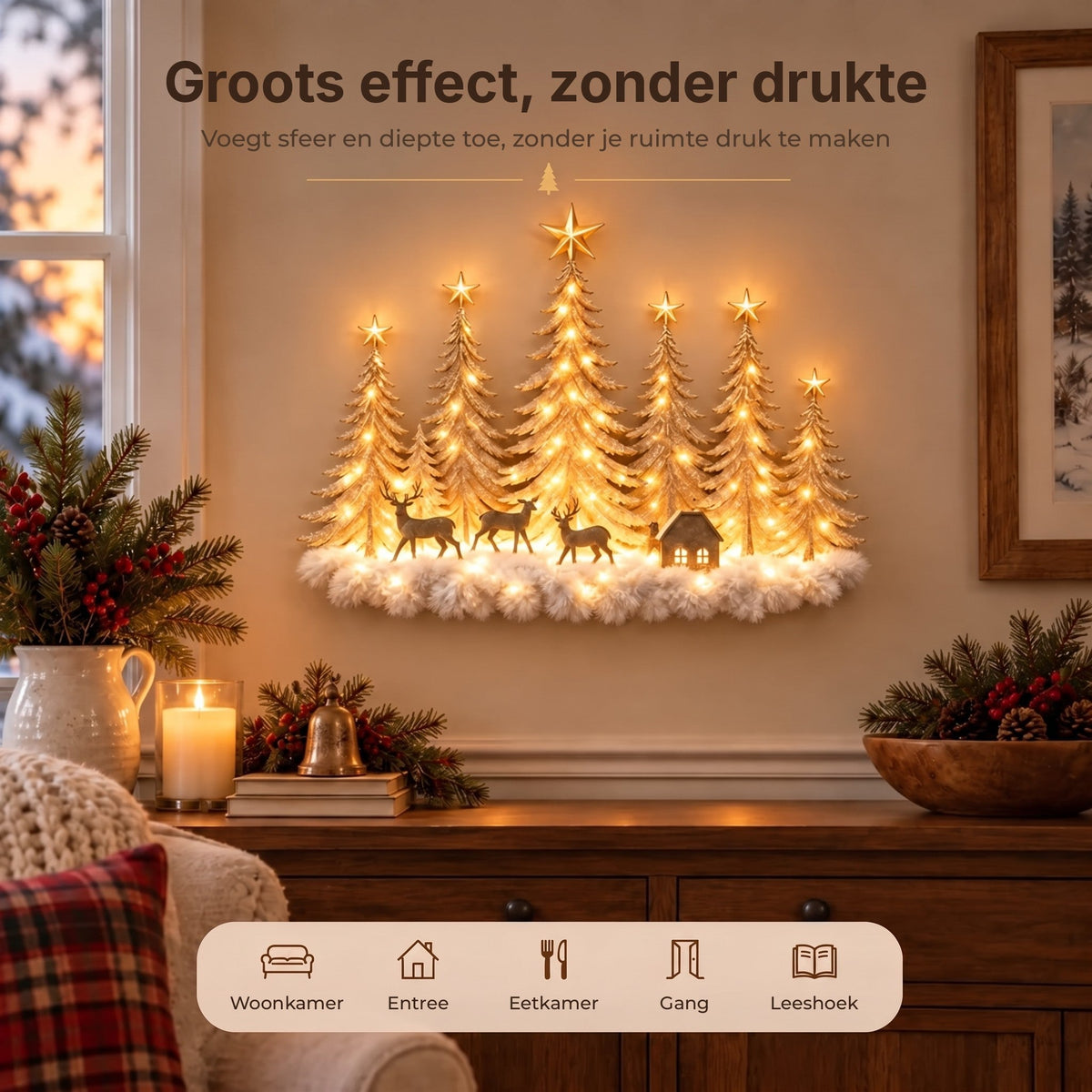 Illuminated Winter Forest Wall Decor - 3D Christmas Landscape with Deer and Warm LED Light