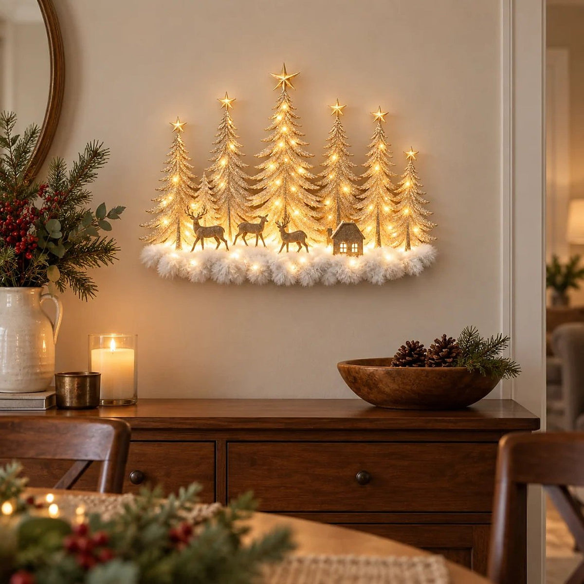 Illuminated Winter Forest Wall Decor - 3D Christmas Landscape with Deer and Warm LED Light