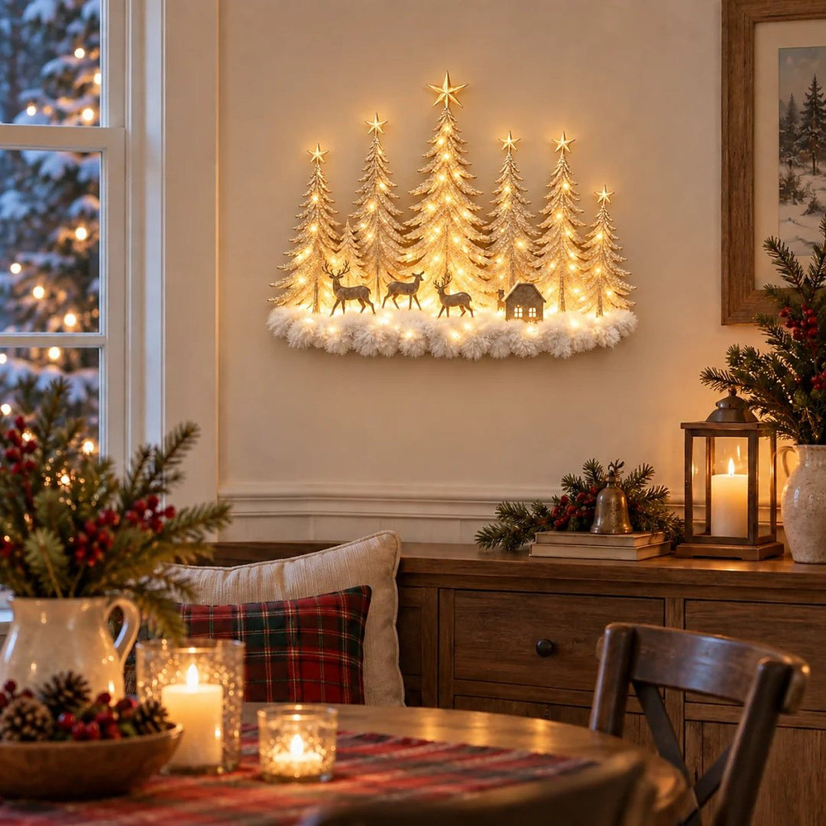 Illuminated Winter Forest Wall Decor - 3D Christmas Landscape with Deer and Warm LED Light
