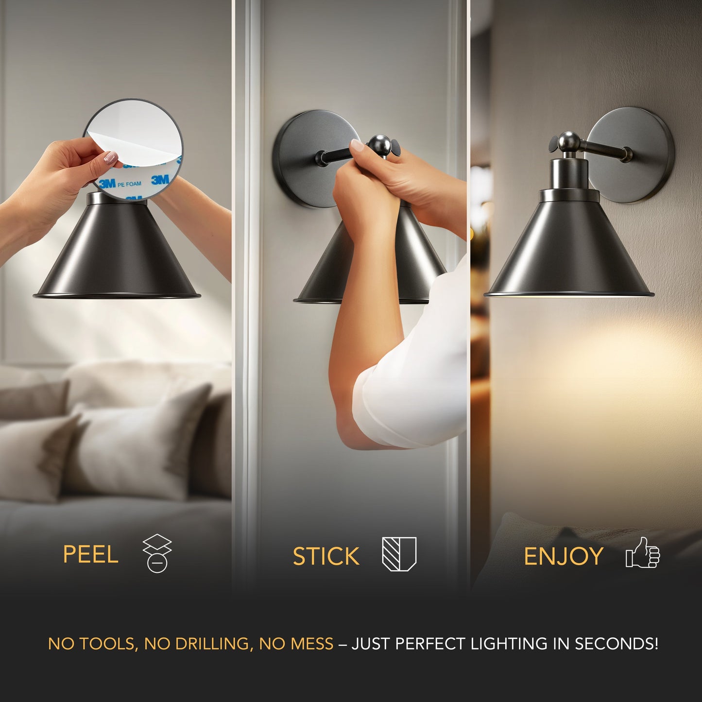 Industrial Black Metal Wall Sconce - Wireless Lighting - Cone Shade - Image 3