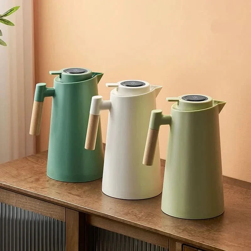 Insulated Glass Thermal Jug with Temperature Display & Wooden Handle