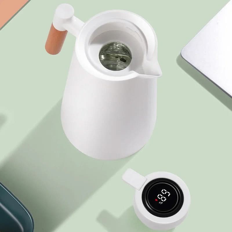 Insulated Glass Thermal Jug with Temperature Display & Wooden Handle