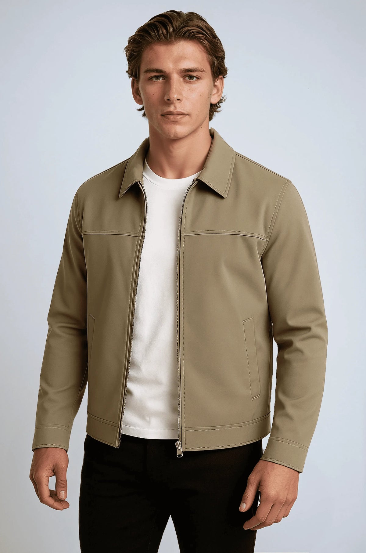 Khaki Casual Jacket with Classic Collar and Soft Plaid Lining for Men and Women - Ideal for Changeable Weather