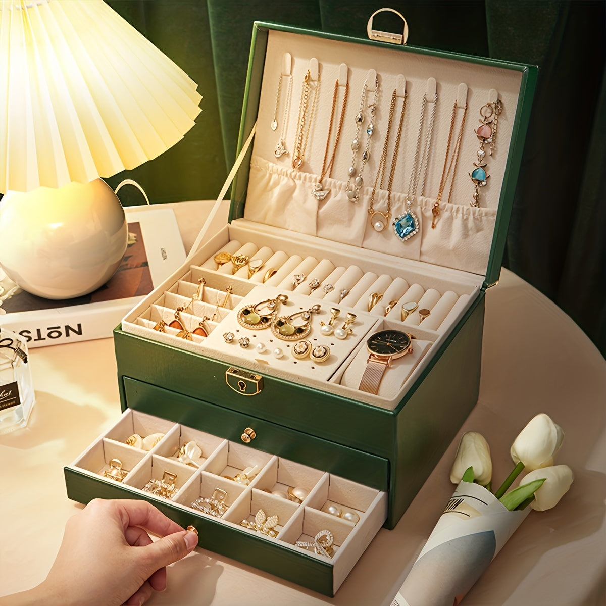 Large Jewelry Box Organizer - Faux Leather - Multi-Layer - Drawer Design - Modern Storage - Image 4