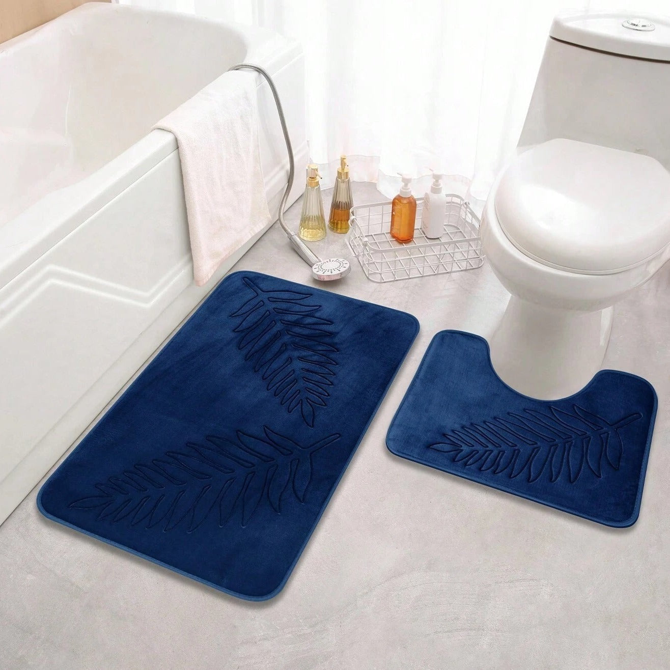 Leaf Embossed Bath Mat Set - Stylish 2-Piece - Plush Comfort - Image 2