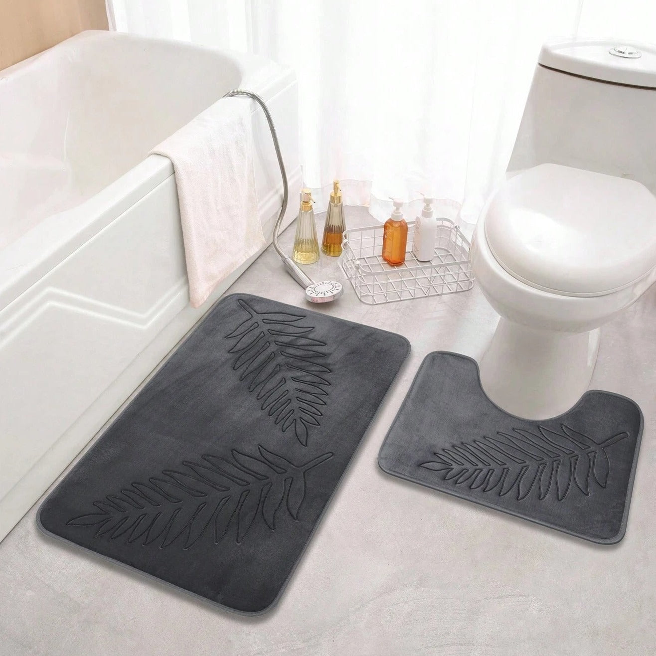 Leaf Embossed Bath Mat Set - Stylish 2-Piece - Plush Comfort - Image 4