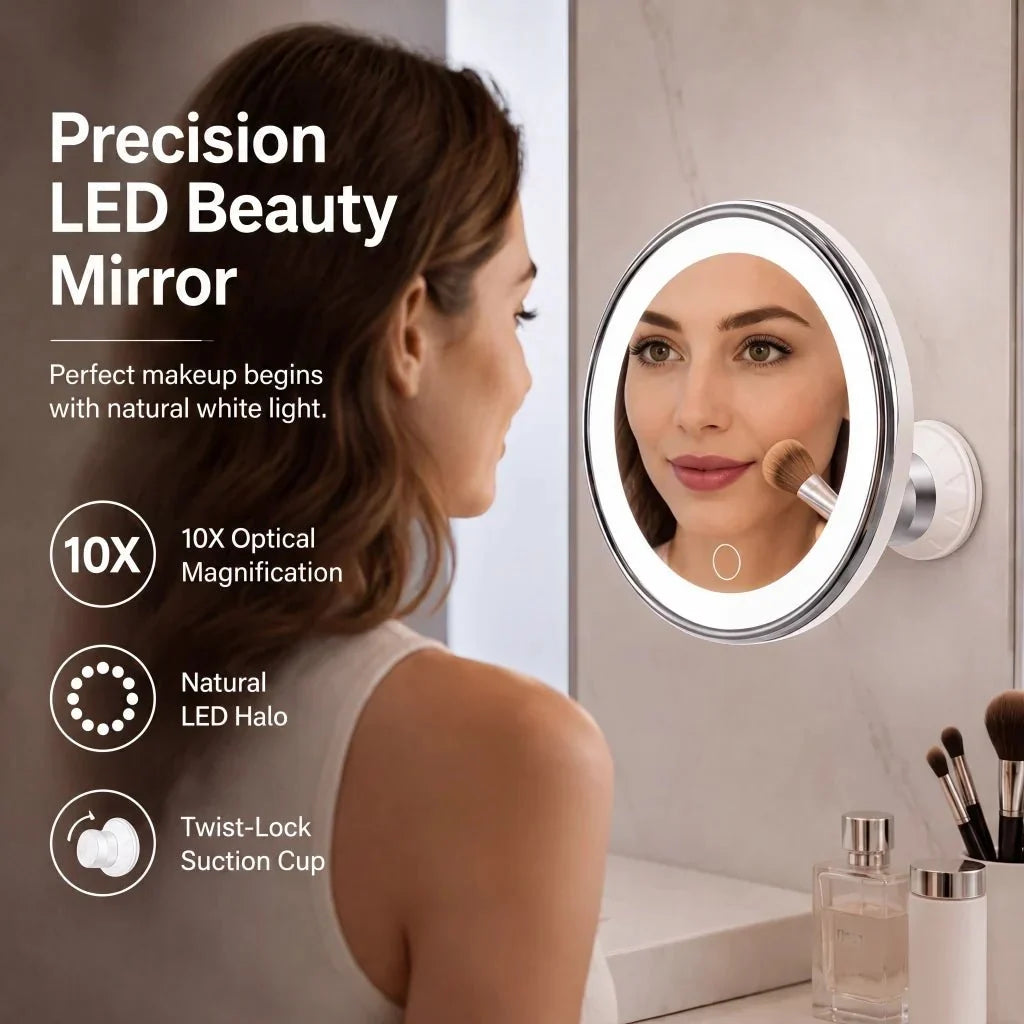 LED Lighted 10X Magnifying Makeup Mirror with Suction Cup and 360° Swivel