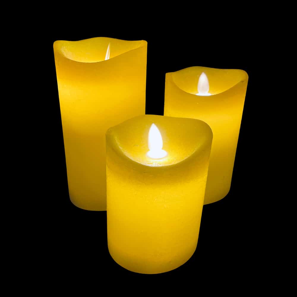 LED Rustic Pillar Candles - Pack of 3 - 10/12.5/15 cm - with 3D Flame - Multiple Colours