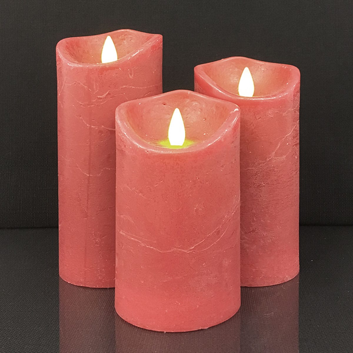 LED Rustic Pillar Candles - Pack of 3 - 10/12.5/15 cm - with 3D Flame - Multiple Colours