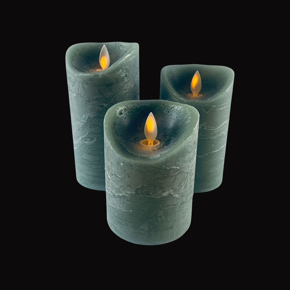 LED Rustic Pillar Candles - Pack of 3 - 10/12.5/15 cm - with 3D Flame - Multiple Colours
