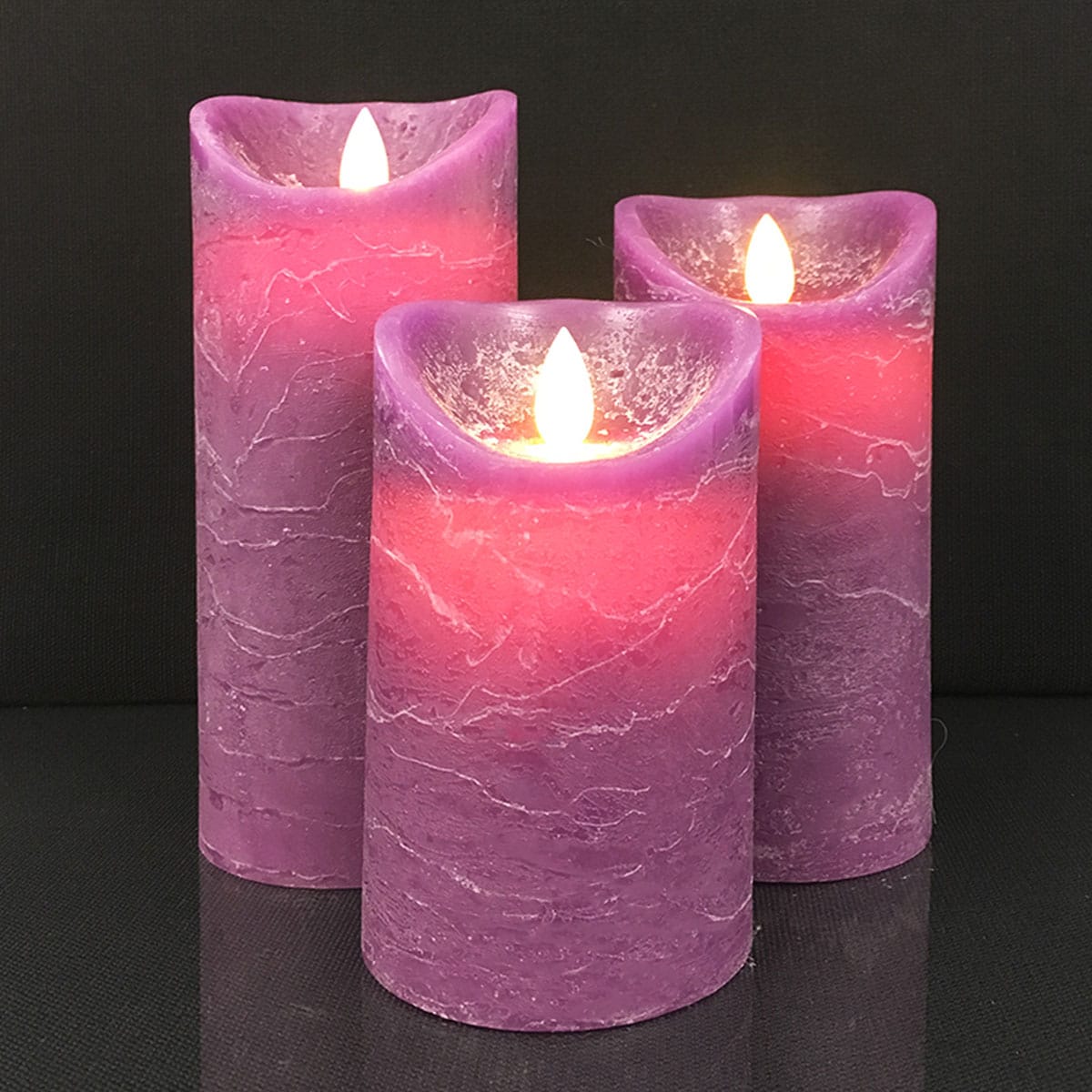 LED Rustic Pillar Candles - Pack of 3 - 10/12.5/15 cm - with 3D Flame - Multiple Colours