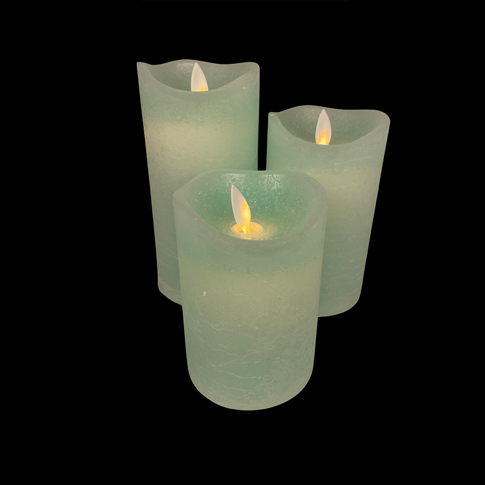 LED Rustic Pillar Candles - Pack of 3 - 10/12.5/15 cm - with 3D Flame - Multiple Colours