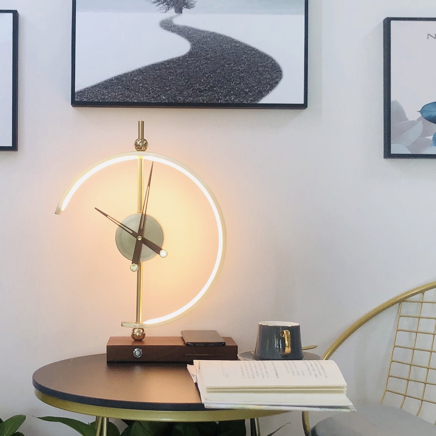 LED Table Lamp with Clock - Modern Gold Finish - Wireless Charging Pad - Image 2